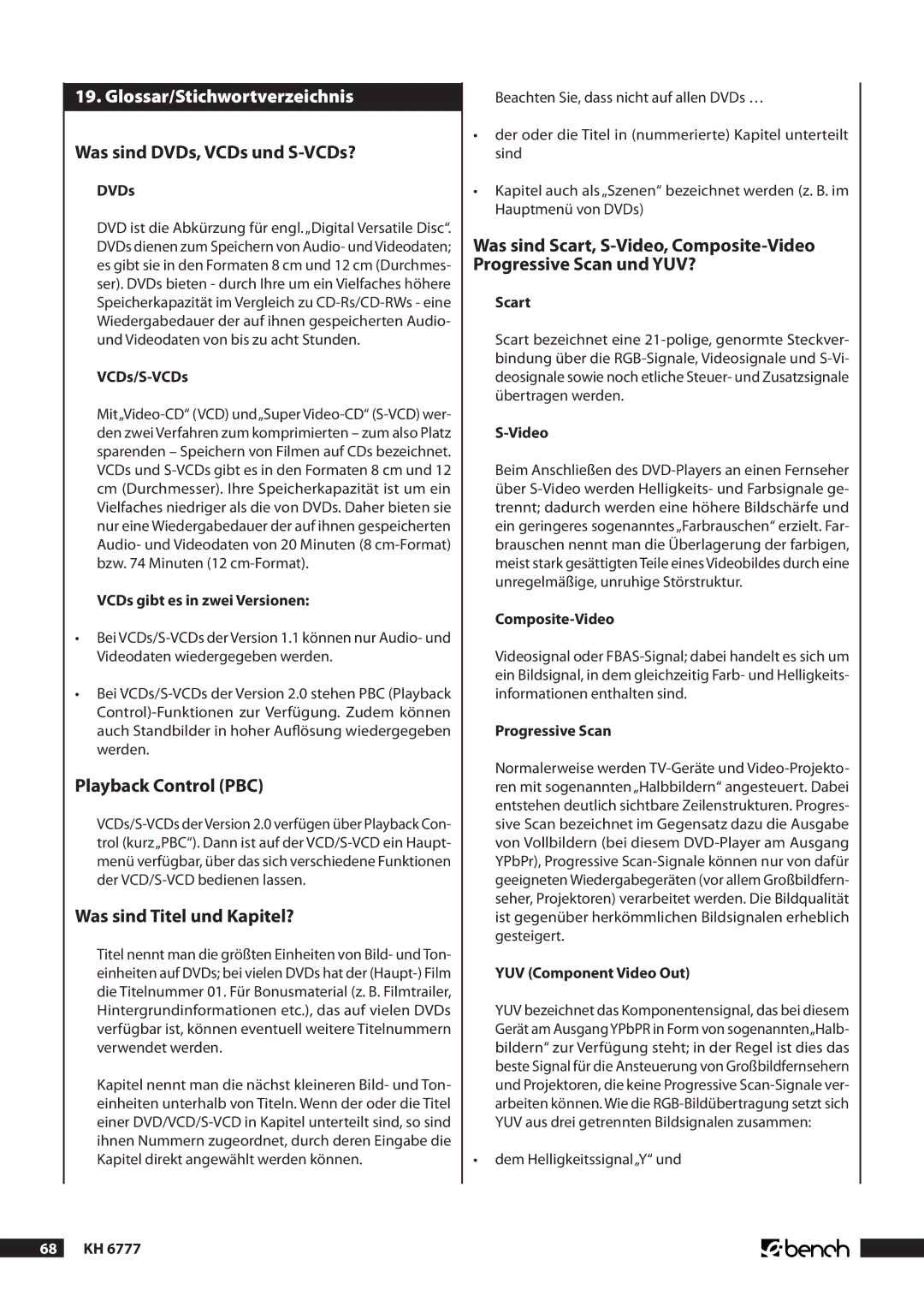 Kompernass KH 6777 manual Glossar/Stichwortverzeichnis, Was sind DVDs, VCDs und S-VCDs?, Playback Control PBC 