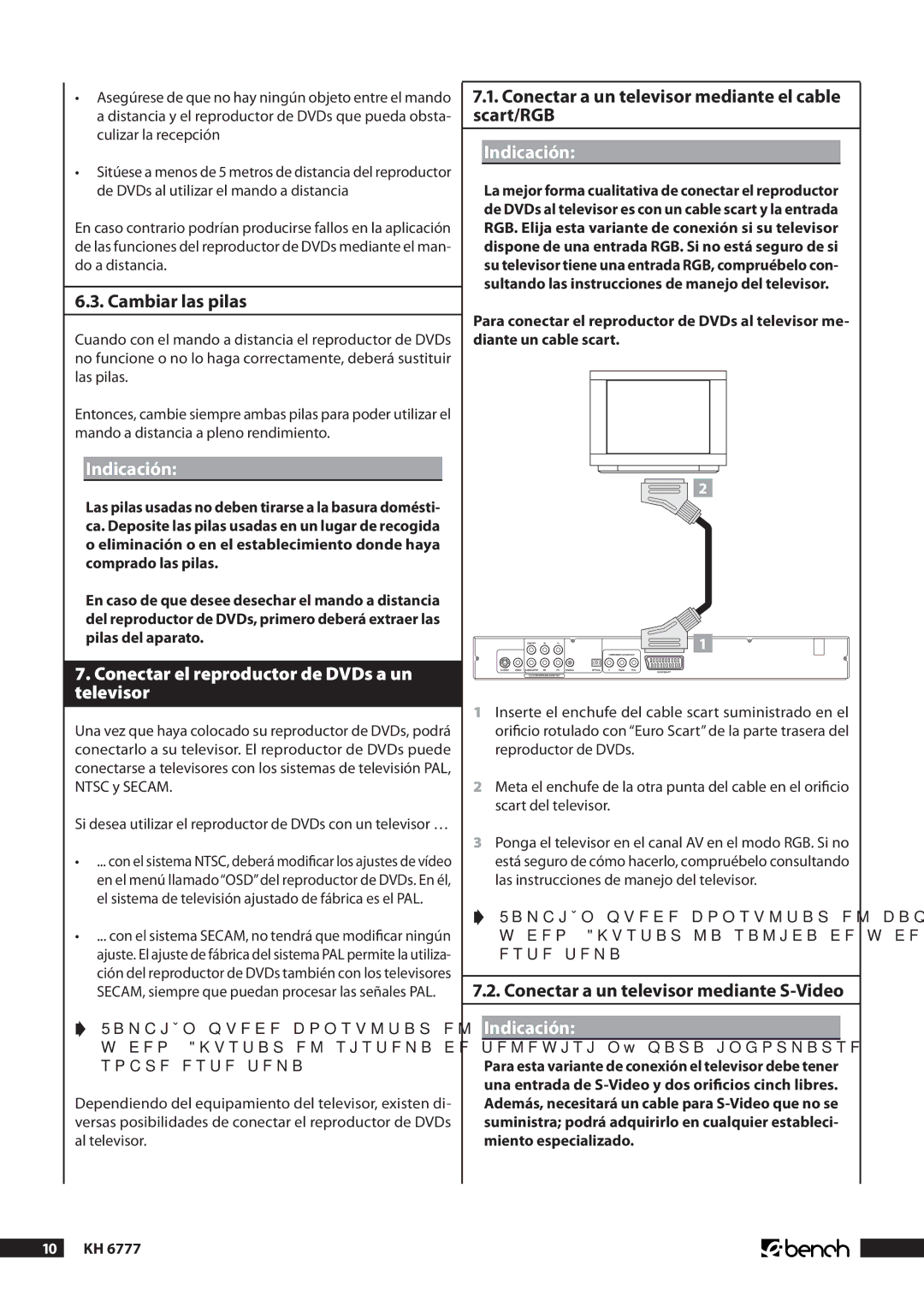 Kompernass KH 6777 manual .. Cambiar las pilas, Indicación, Conectar el reproductor de DVDs a un televisor 