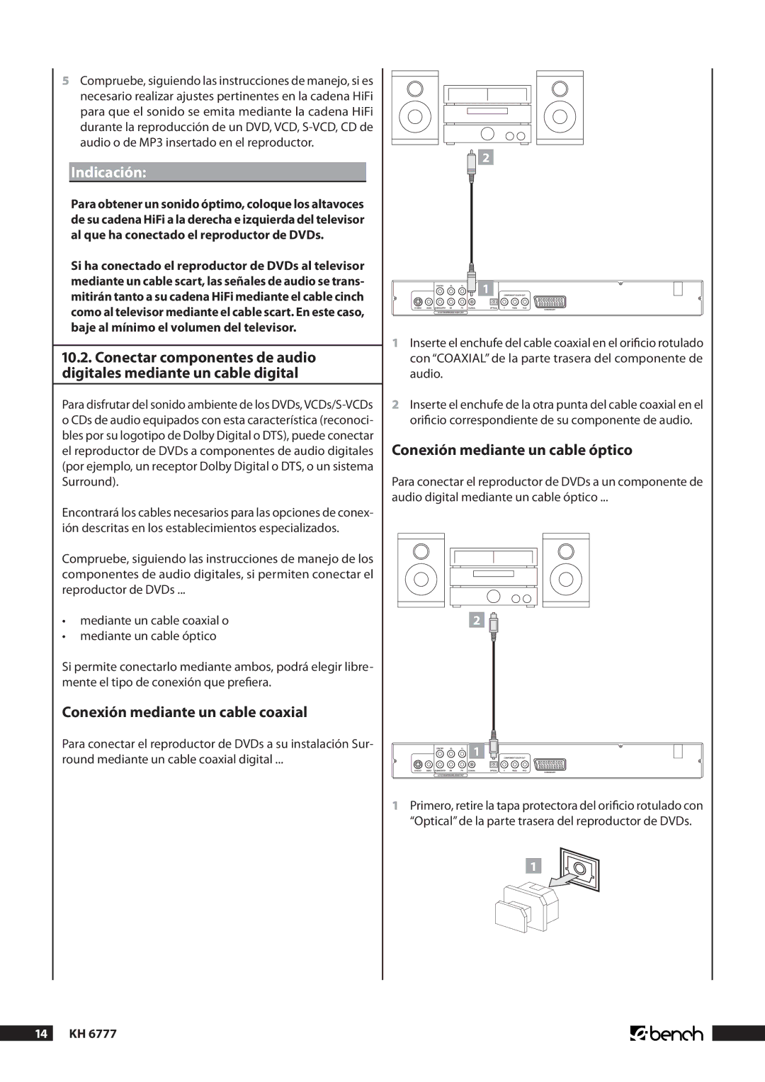 Kompernass KH 6777 manual Conexión mediante un cable coaxial, Conexión mediante un cable óptico 