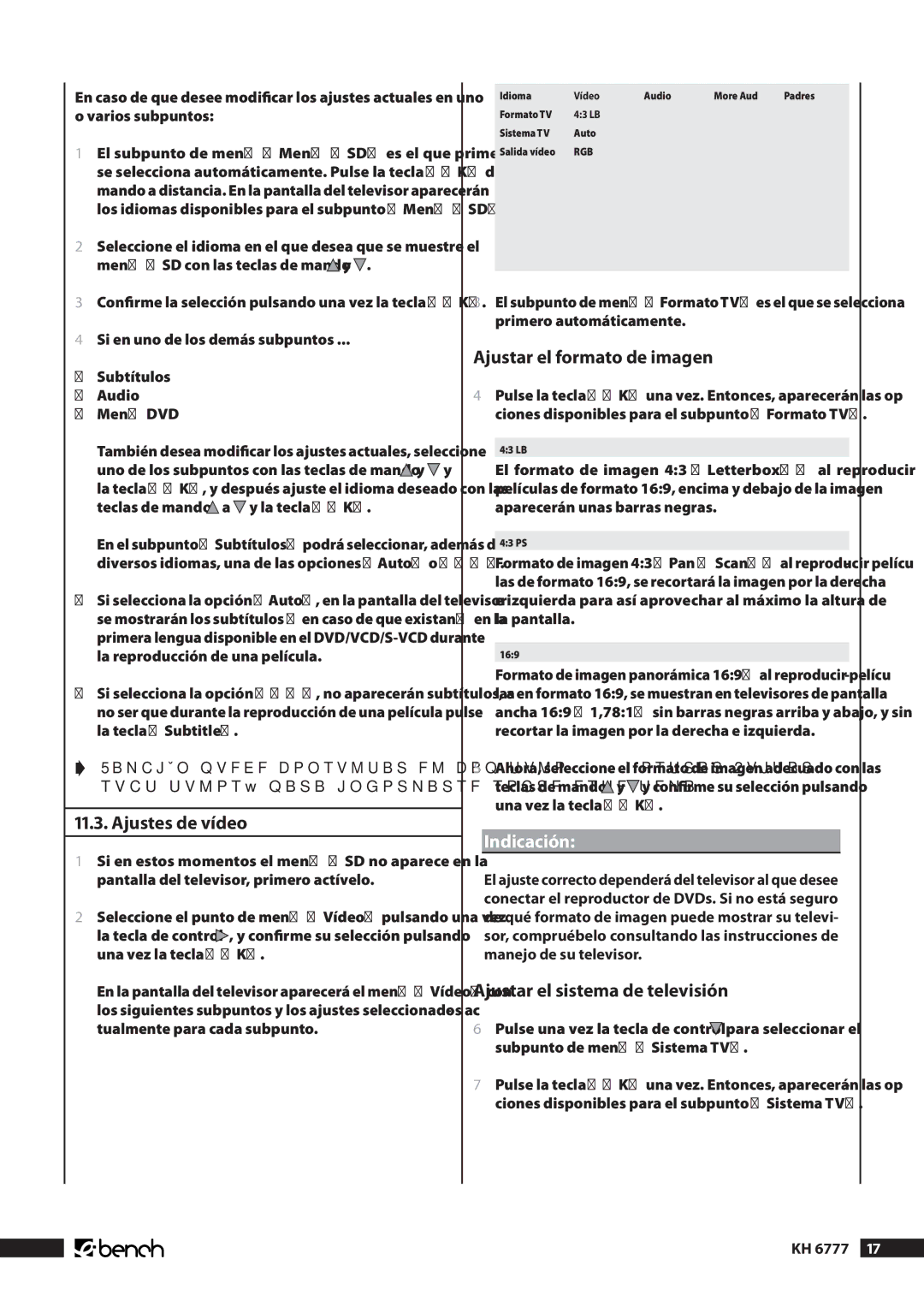 Kompernass KH 6777 manual .. Ajustes de vídeo, Ajustar el formato de imagen, Ajustar el sistema de televisión 