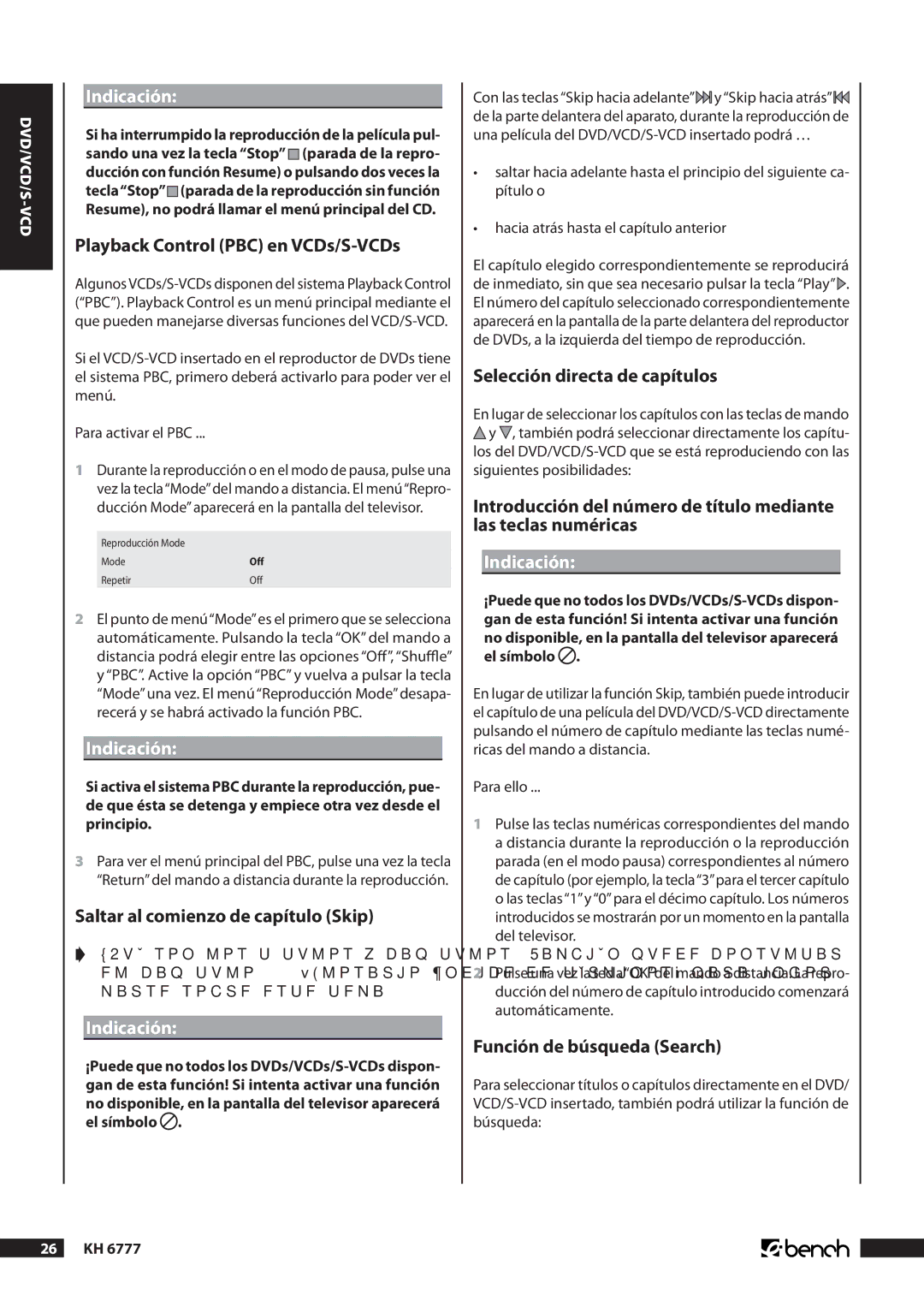 Kompernass KH 6777 Playback Control PBC en VCDs/S-VCDs, Saltar al comienzo de capítulo Skip, Función de búsqueda Search 