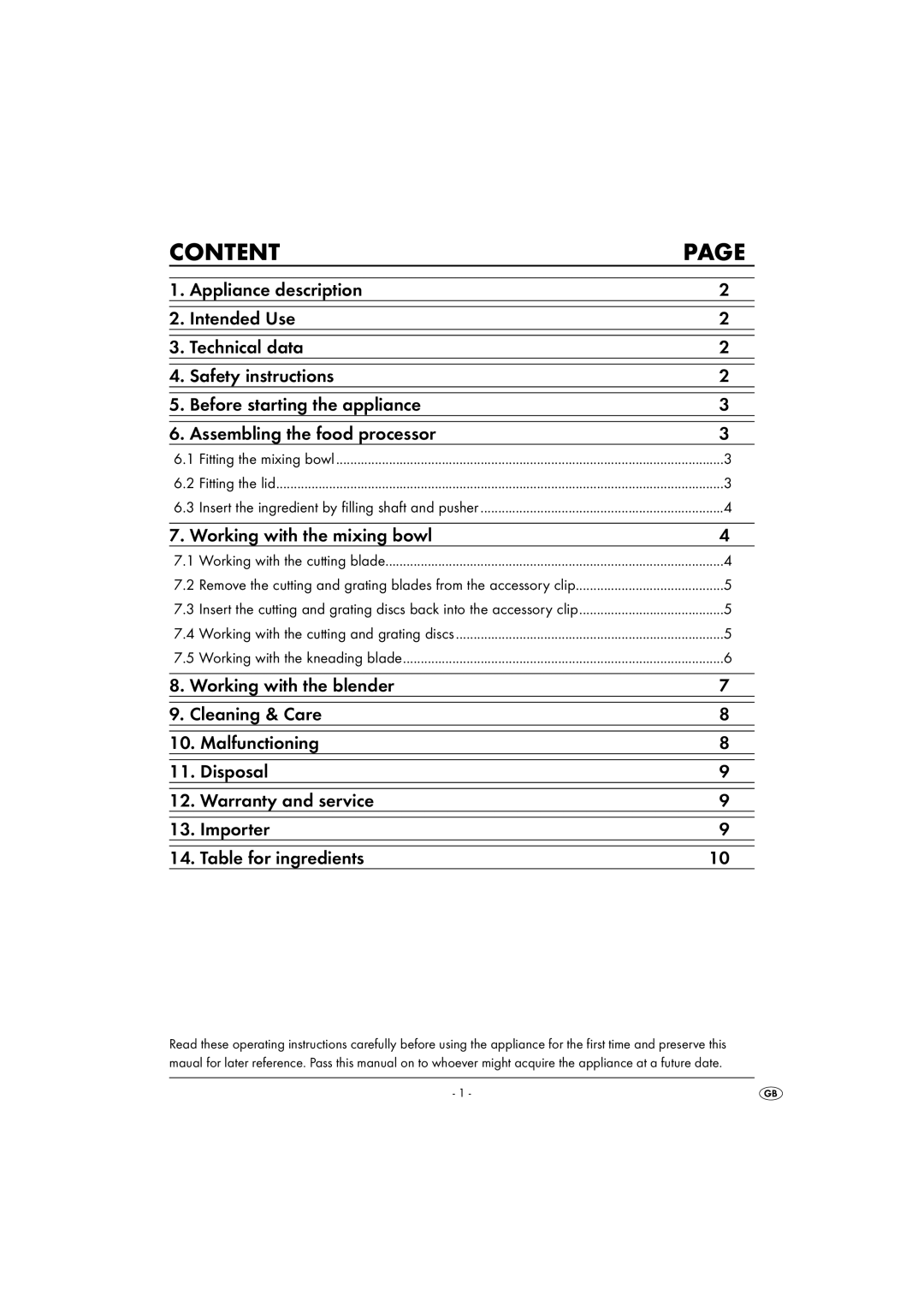 Kompernass KH 700 operating instructions Content, Fitting the lid 