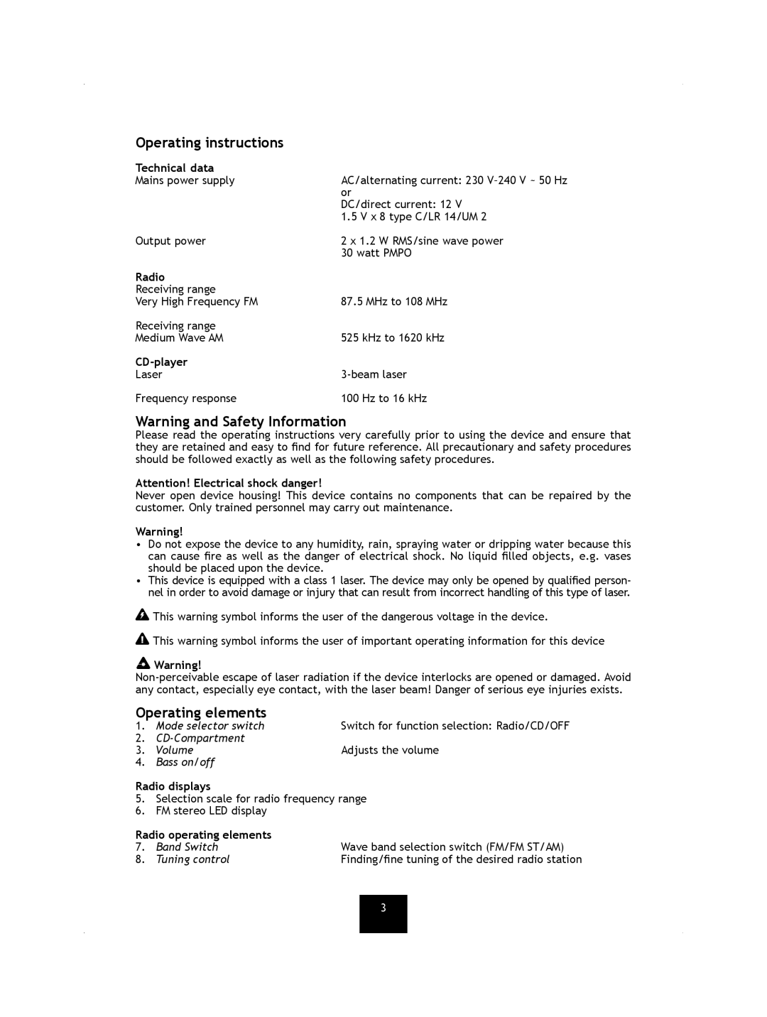 Kompernass KH 7000 manual Operating instructions, Operating elements 