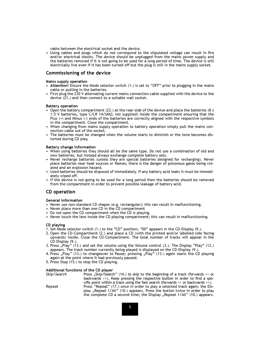 Kompernass KH 7000 manual Commissioning of the device, CD operation 