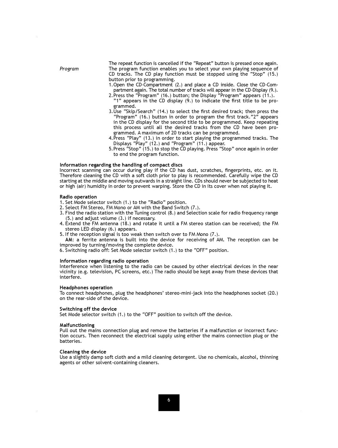 Kompernass KH 7000 manual Information regarding the handling of compact discs, Radio operation, Headphones operation 