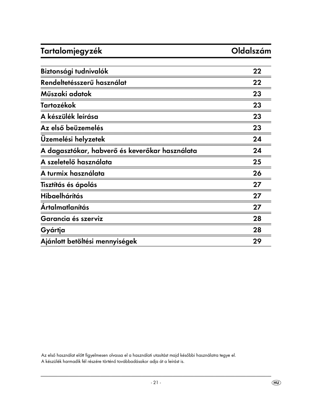 Kompernass KH 701 manual Tartalomjegyzék Oldalszám 