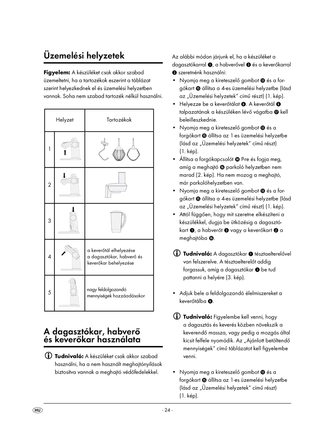 Kompernass KH 701 manual Üzemelési helyzetek, Dagasztókar, habverő és keverőkar használata, Helyzet, Kép 