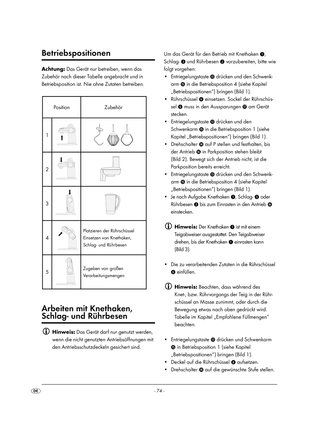 Kompernass KH 701 manual Betriebspositionen, Arbeiten mit Knethaken, Schlag- und Rührbesen 