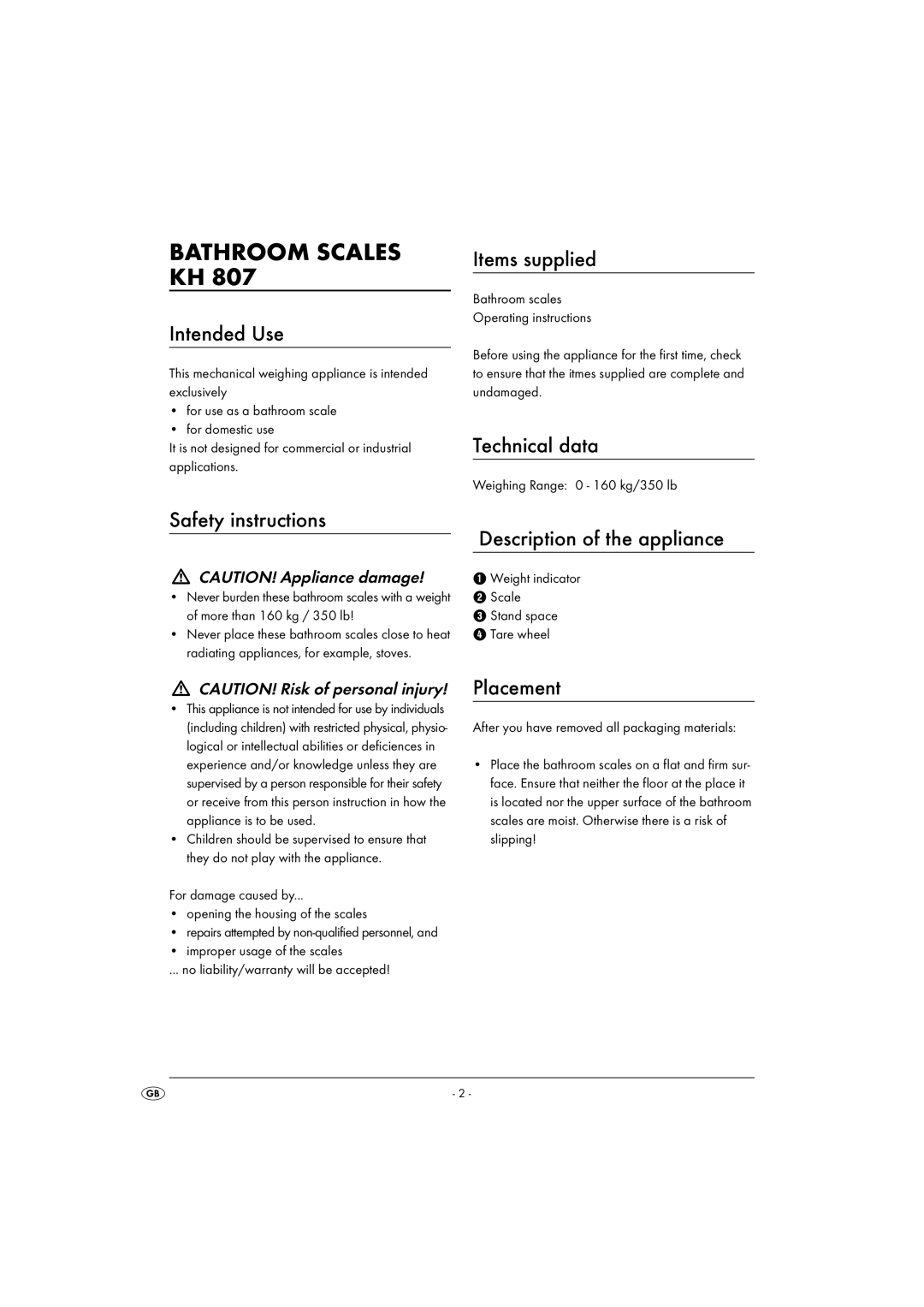 Kompernass KH 807 operating instructions Bathroom Scales KH 