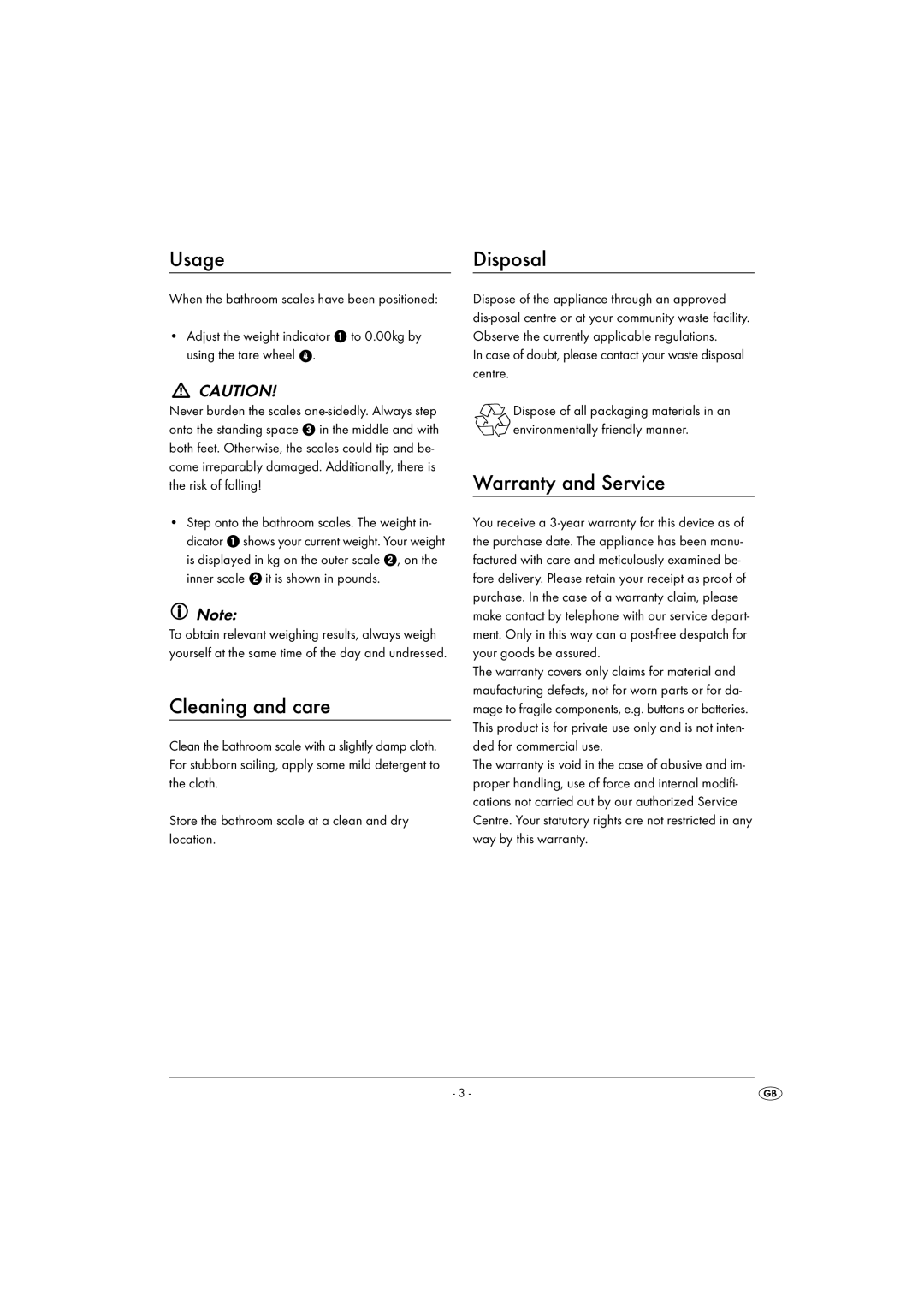 Kompernass KH 807 operating instructions Usage, Cleaning and care, Disposal, Warranty and Service 