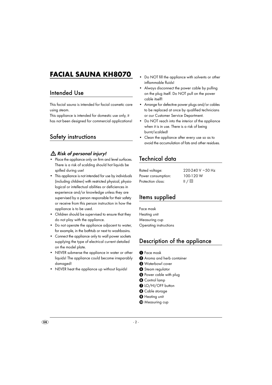 Kompernass KH 8070 operating instructions Facial Sauna KH8070 