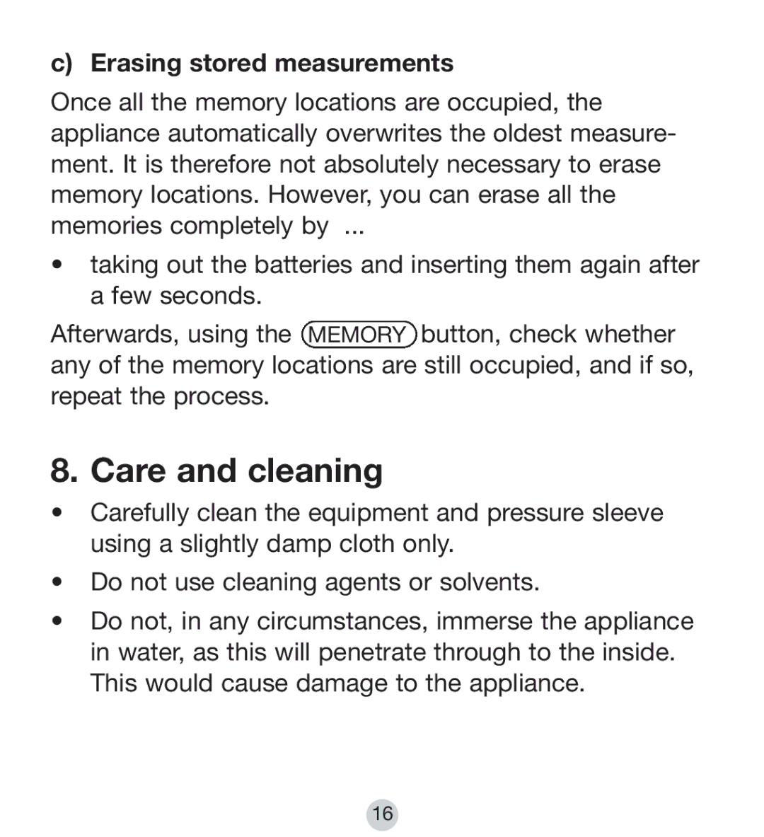 Kompernass KH 8090 operating instructions Care and cleaning, Erasing stored measurements 