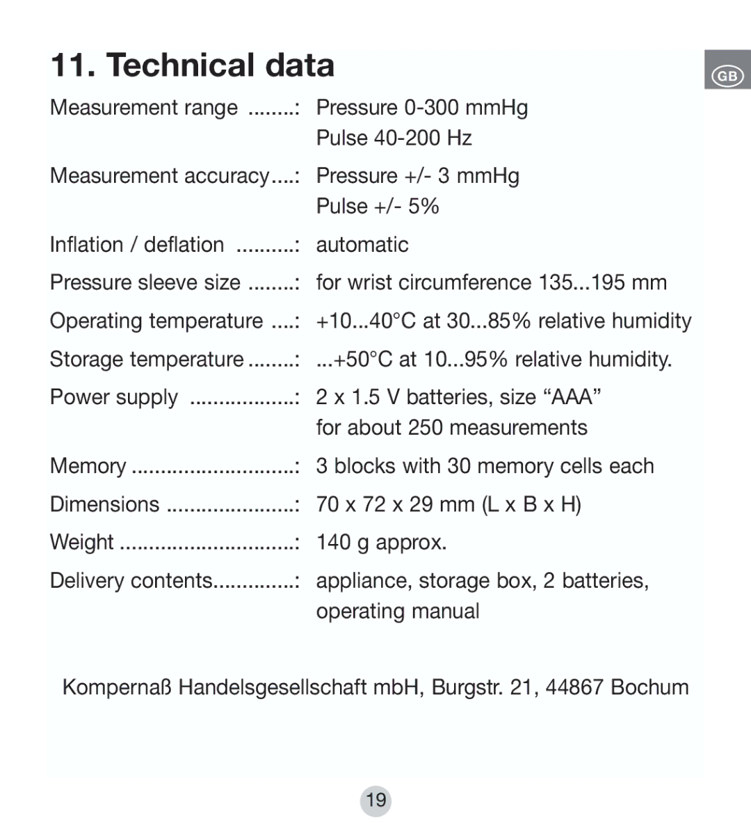 Kompernass KH 8090 operating instructions Technical data 