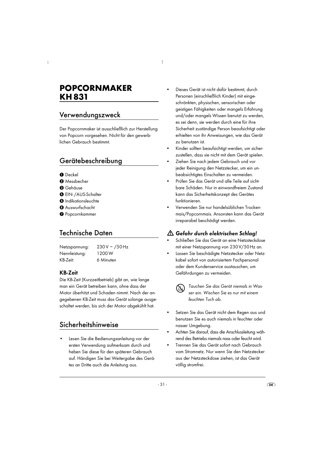 Kompernass KH 831 operating instructions Verwendungszweck, Gerätebeschreibung, Technische Daten, Sicherheitshinweise 