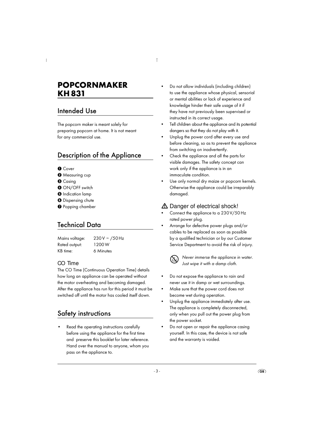 Kompernass KH 831 Popcornmaker, Intended Use, Description of the Appliance, Technical Data, Safety instructions 