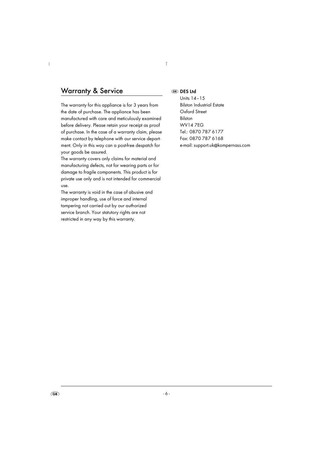 Kompernass KH 831 operating instructions Warranty & Service 