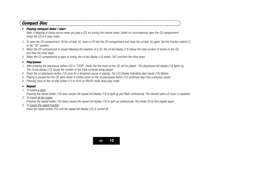 Kompernass KH 868 manual Compact Disc, To repeat all the tracks 