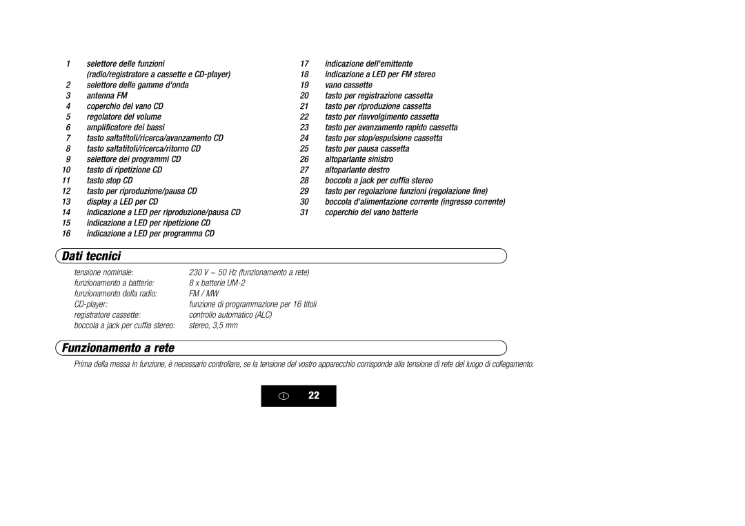 Kompernass KH 868 manual Dati tecnici, Funzionamento a rete 