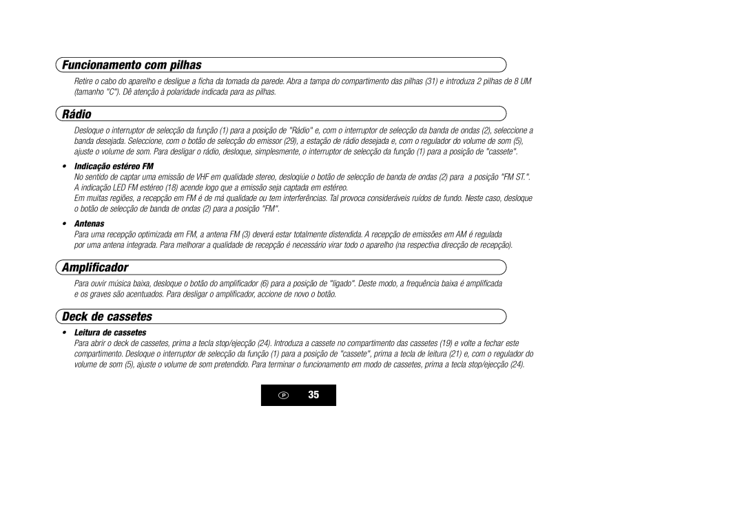 Kompernass KH 868 manual Funcionamento com pilhas, Rádio, Amplificador, Deck de cassetes, Leitura de cassetes 
