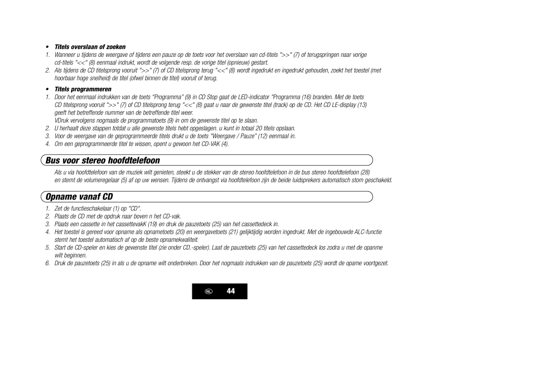 Kompernass KH 868 manual Bus voor stereo hoofdtelefoon, Opname vanaf CD, Titels overslaan of zoeken 