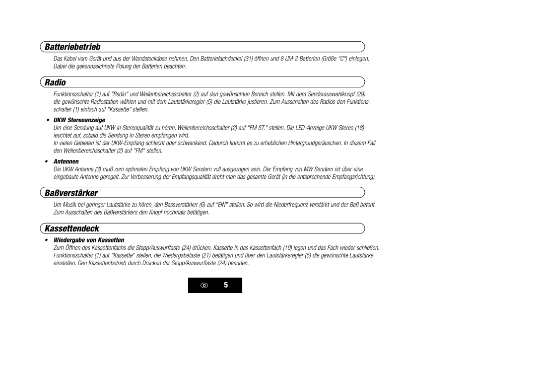 Kompernass KH 868 manual Batteriebetrieb, Radio, Baßverstärker, Kassettendeck, Wiedergabe von Kassetten 