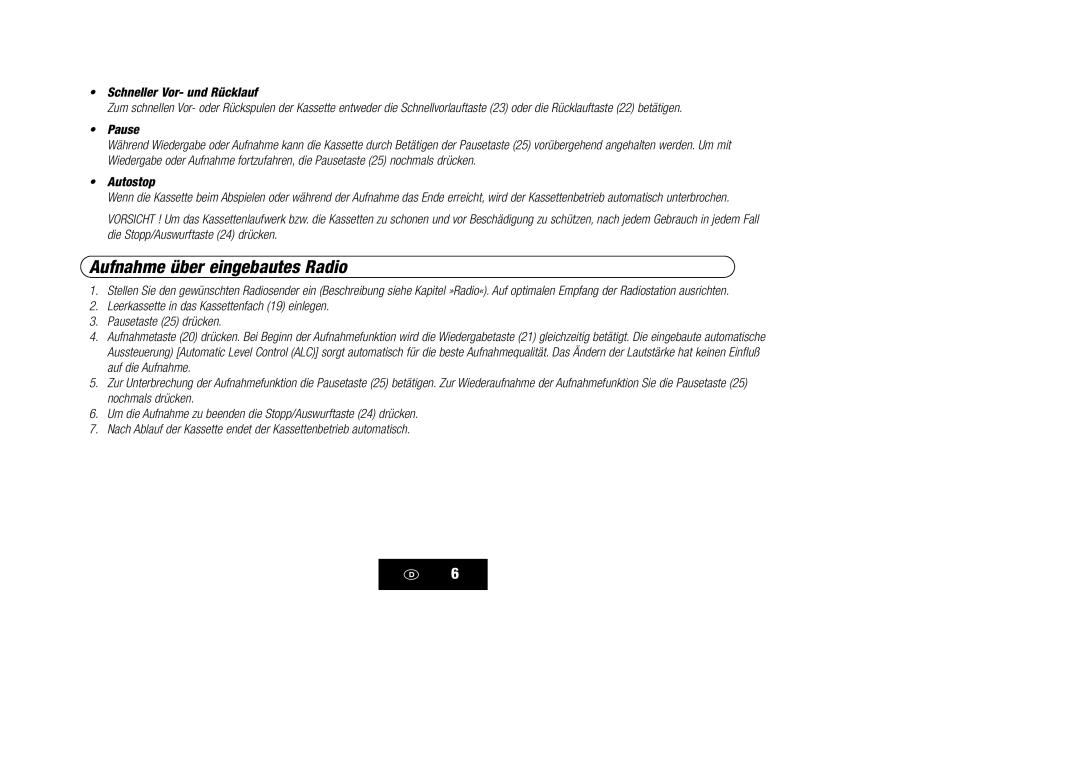 Kompernass KH 868 manual Aufnahme über eingebautes Radio 