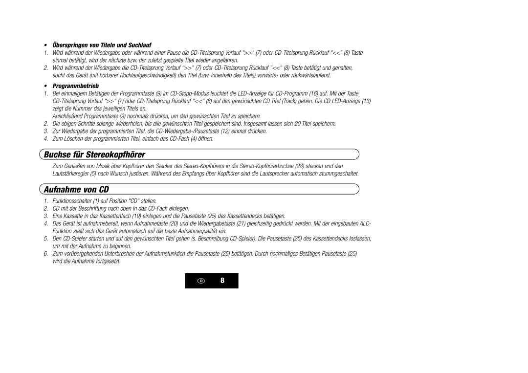 Kompernass KH 868 manual Buchse für Stereokopfhörer, Aufnahme von CD 