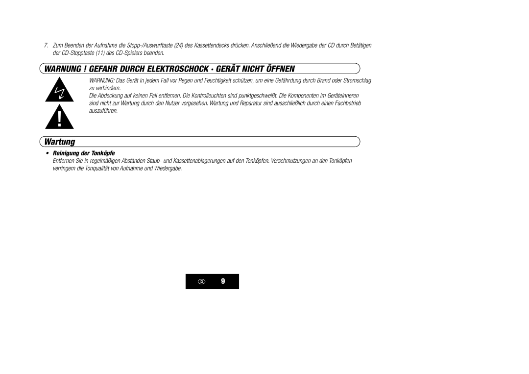 Kompernass KH 868 manual Warnung ! Gefahr Durch Elektroschock · Gerät Nicht Öffnen, Wartung 