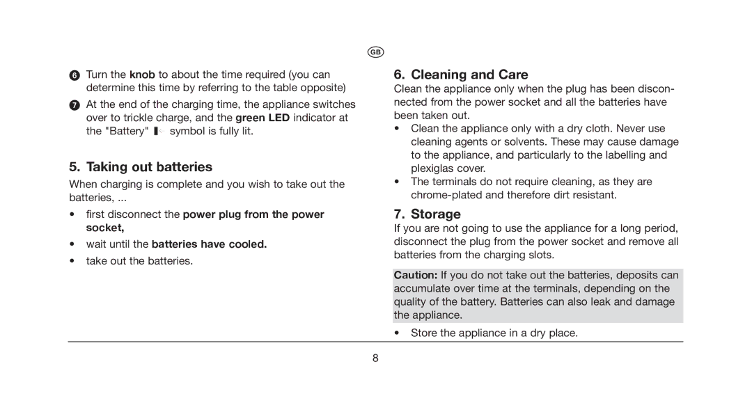 Kompernass KH 967 manual Taking out batteries, Cleaning and Care, Storage 