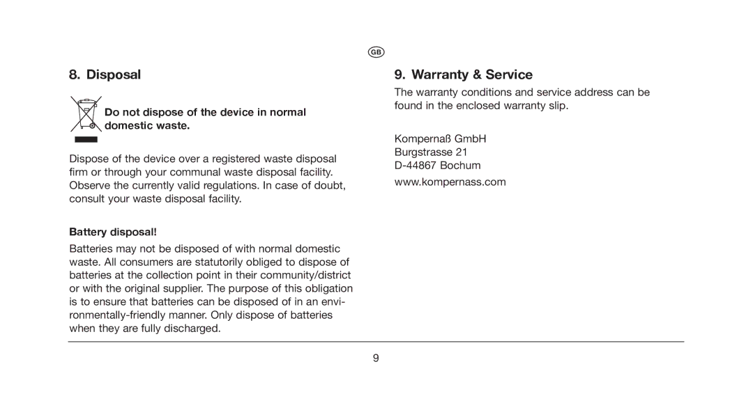 Kompernass KH 967 Disposal, Warranty & Service, Do not dispose of the device in normal domestic waste, Battery disposal 