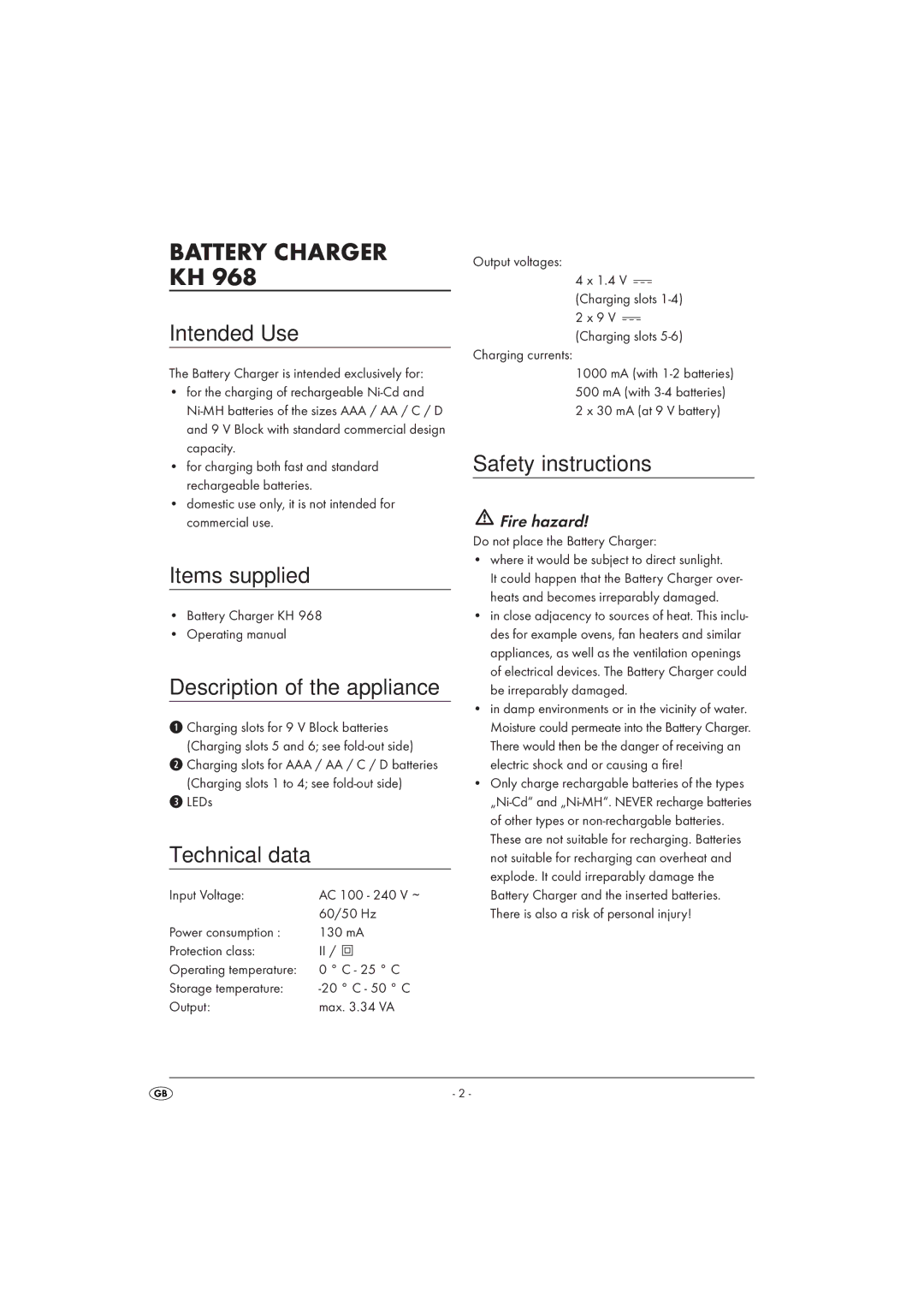 Kompernass KH 968 Intended Use, Items supplied, Description of the appliance, Technical data, Safety instructions 