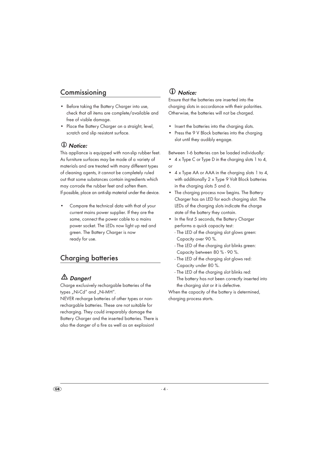 Kompernass KH 968 operating instructions Commissioning, Charging batteries 