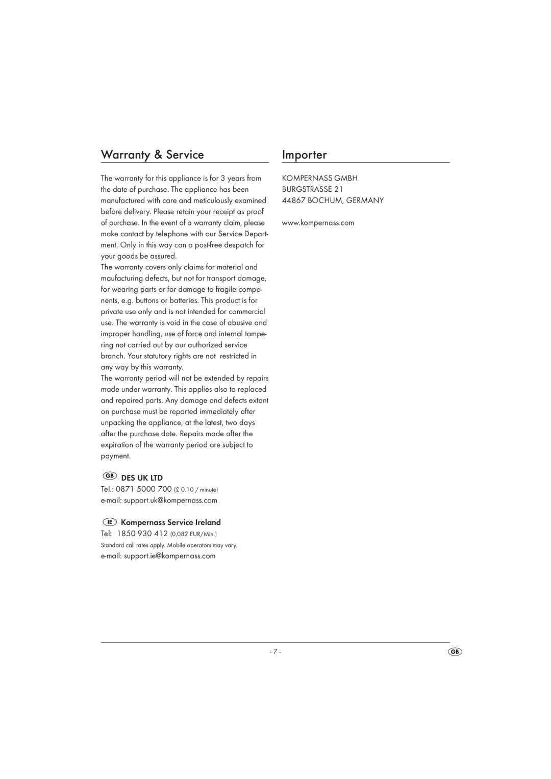 Kompernass KH 968 operating instructions Warranty & Service Importer, Burgstrasse 