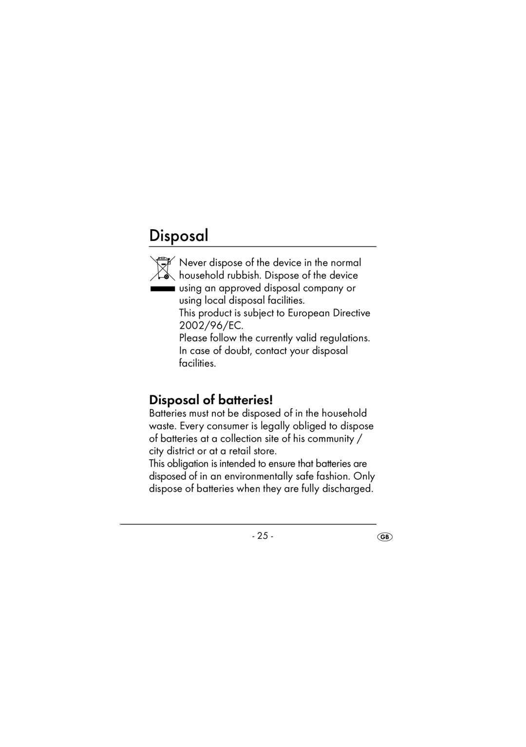 Kompernass KH 971 operating instructions Disposal of batteries 