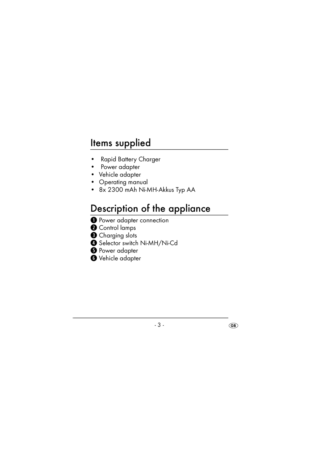 Kompernass KH 971 operating instructions Items supplied, Description of the appliance, Charging slots 