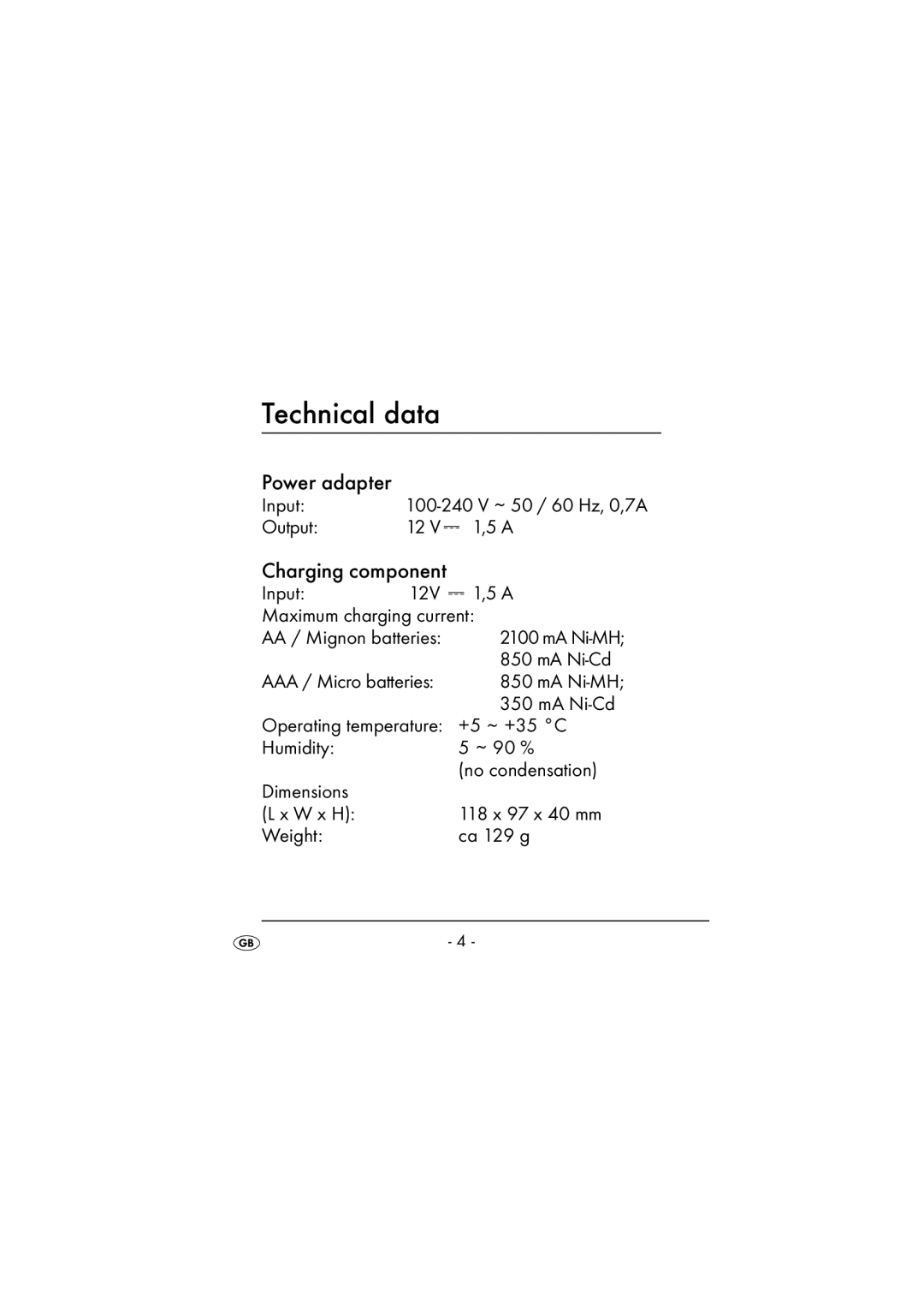 Kompernass KH 971 operating instructions Technical data, Power adapter, Charging component 