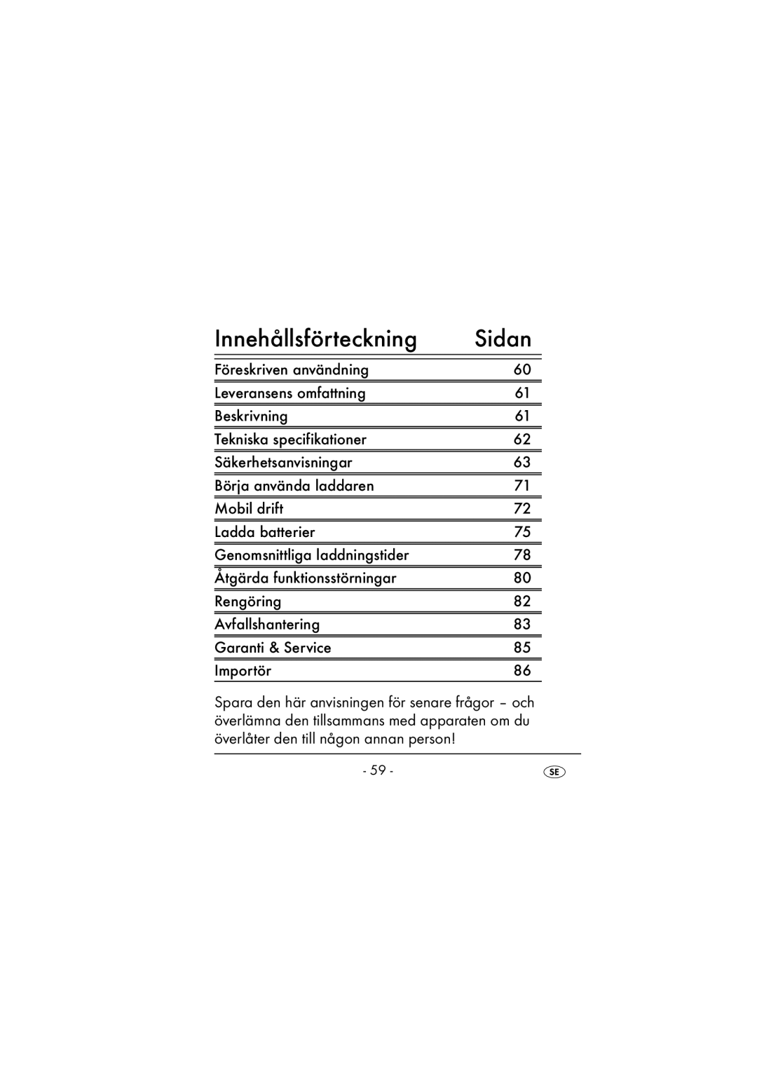 Kompernass KH 971 operating instructions Innehållsförteckning Sidan 