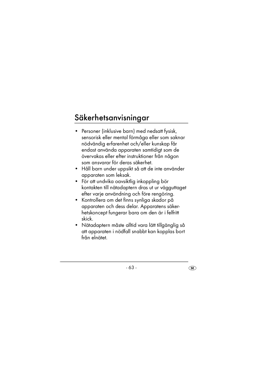 Kompernass KH 971 operating instructions Säkerhetsanvisningar 