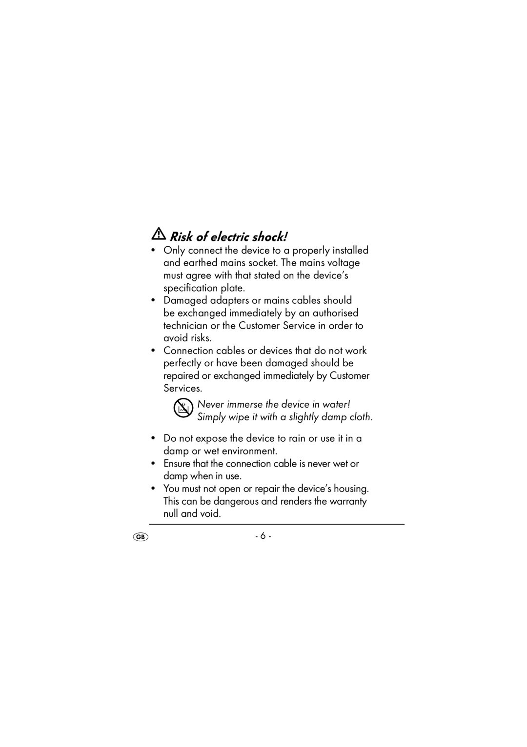 Kompernass KH 971 operating instructions Risk of electric shock 