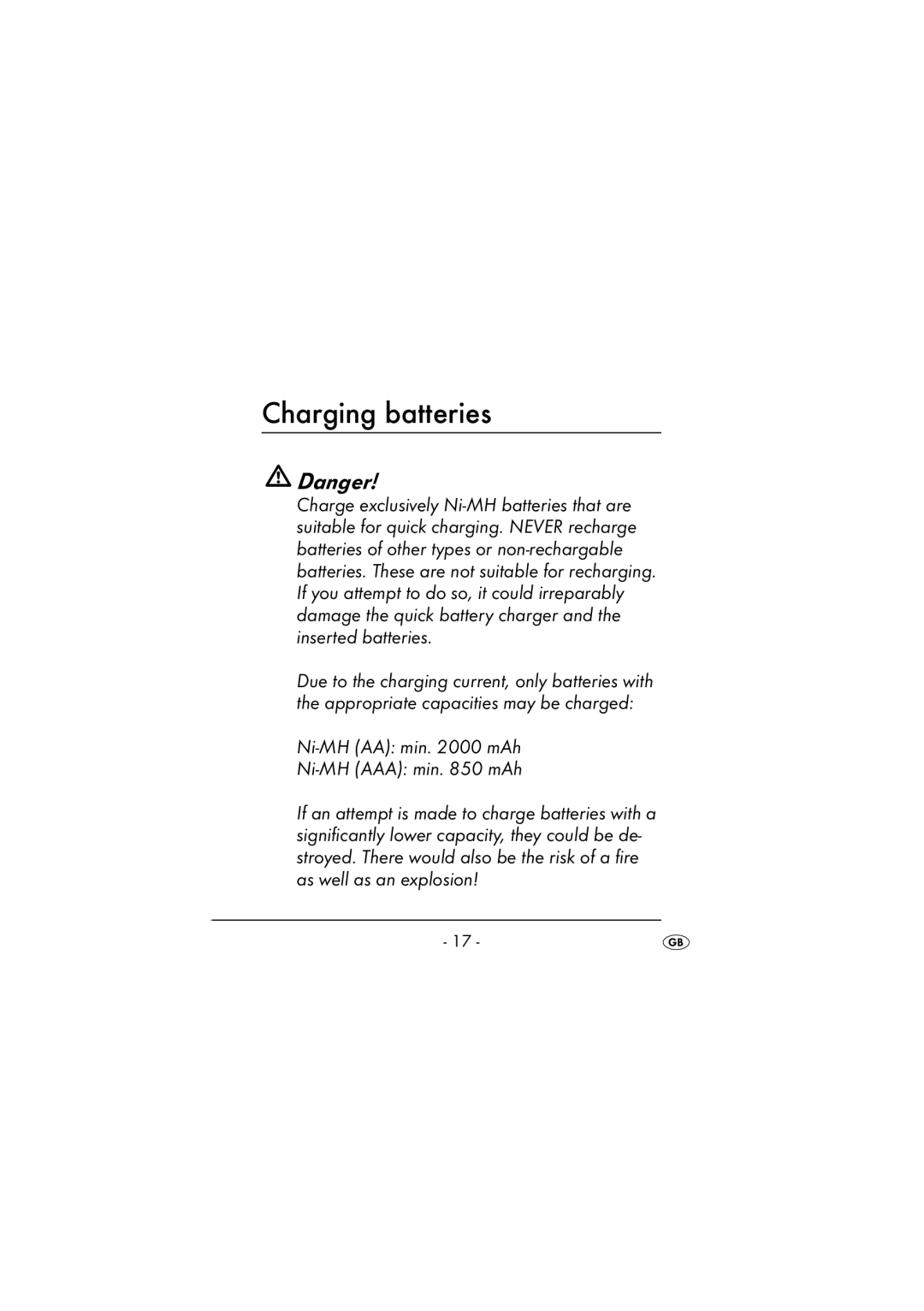 Kompernass KH 972 operating instructions Charging batteries, Ni-MH AA min mAh Ni-MH AAA min mAh 