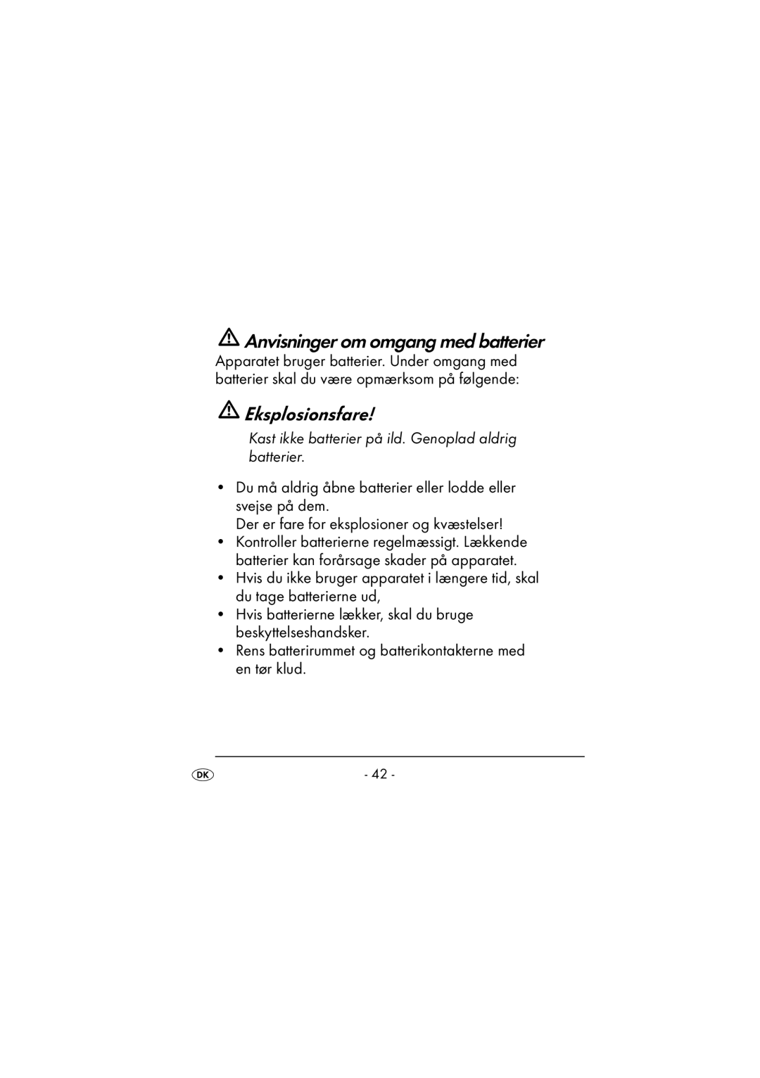 Kompernass KH 972 operating instructions Anvisninger om omgang med batterier, Eksplosionsfare 