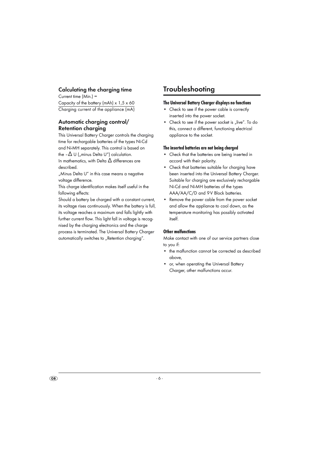 Kompernass KH 980 Troubleshooting, Calculating the charging time, Automatic charging control Retention charging 