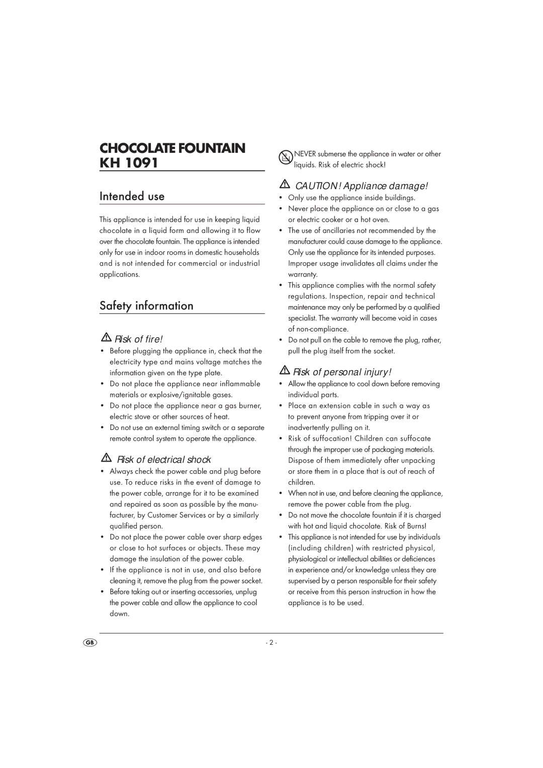 Kompernass KH1091-06, KH1091-09-V4 operating instructions Chocolate Fountain KH, Intended use, Safety information 