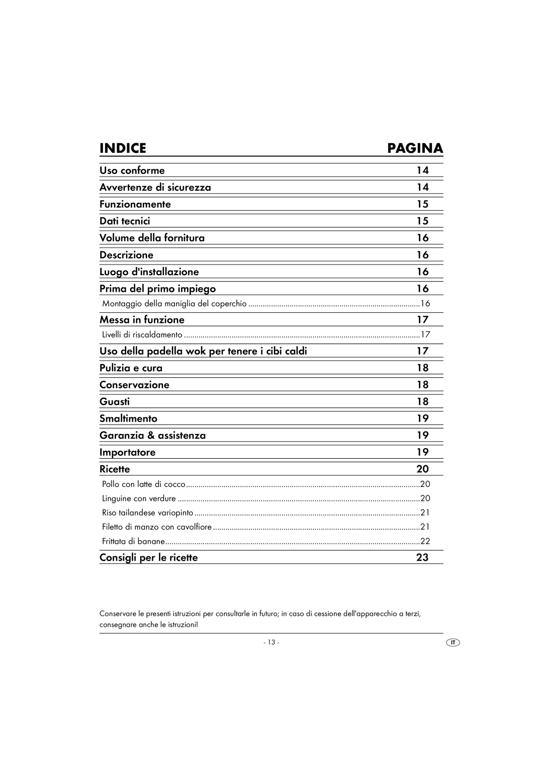 Kompernass KH1099-04/08-V2 operating instructions Indice Pagina, Consigli per le ricette 