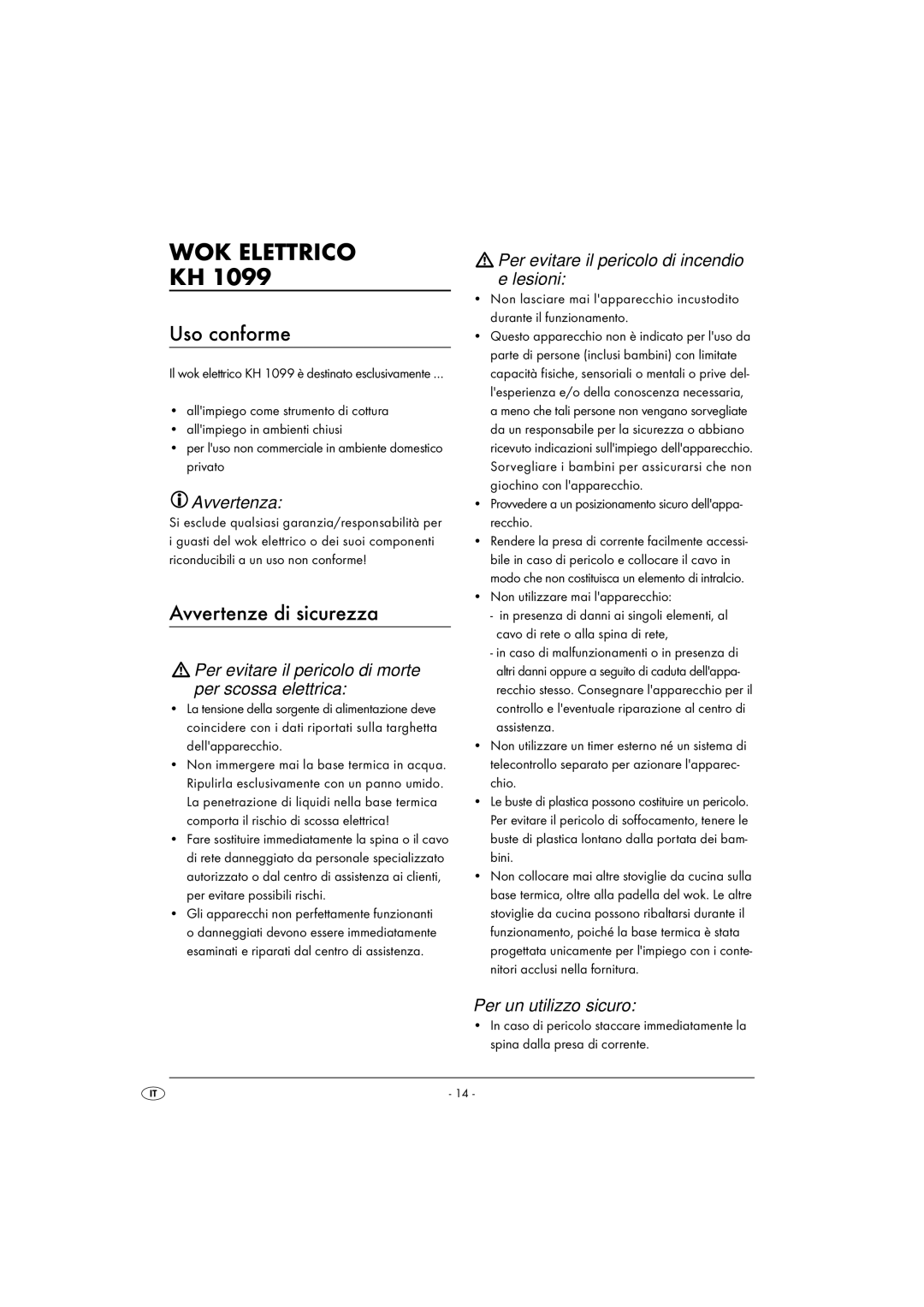 Kompernass KH1099-04/08-V2 operating instructions WOK Elettrico, Uso conforme, Avvertenze di sicurezza 