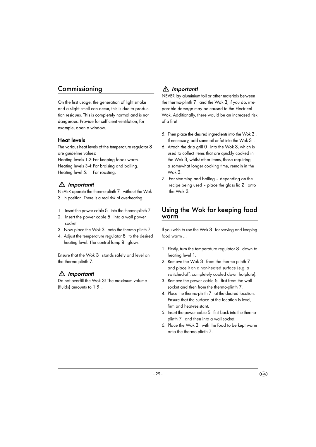 Kompernass KH1099-04/08-V2 operating instructions Commissioning, Using the Wok for keeping food warm, Heat levels 