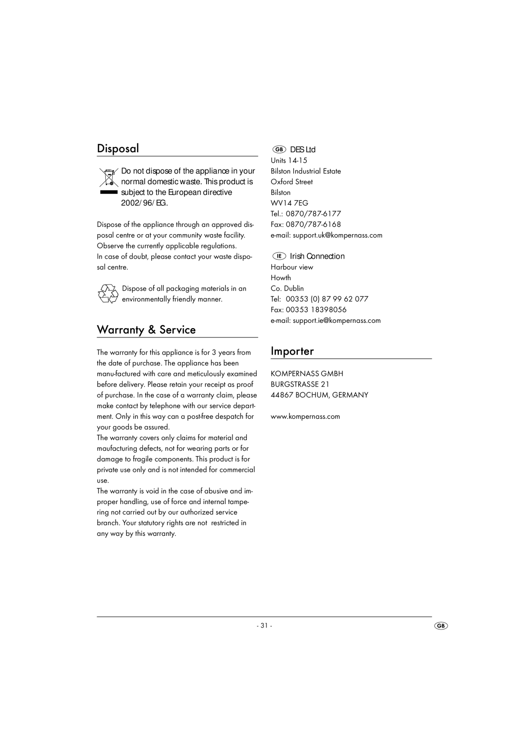 Kompernass KH1099-04/08-V2 operating instructions Disposal, Warranty & Service, Importer 