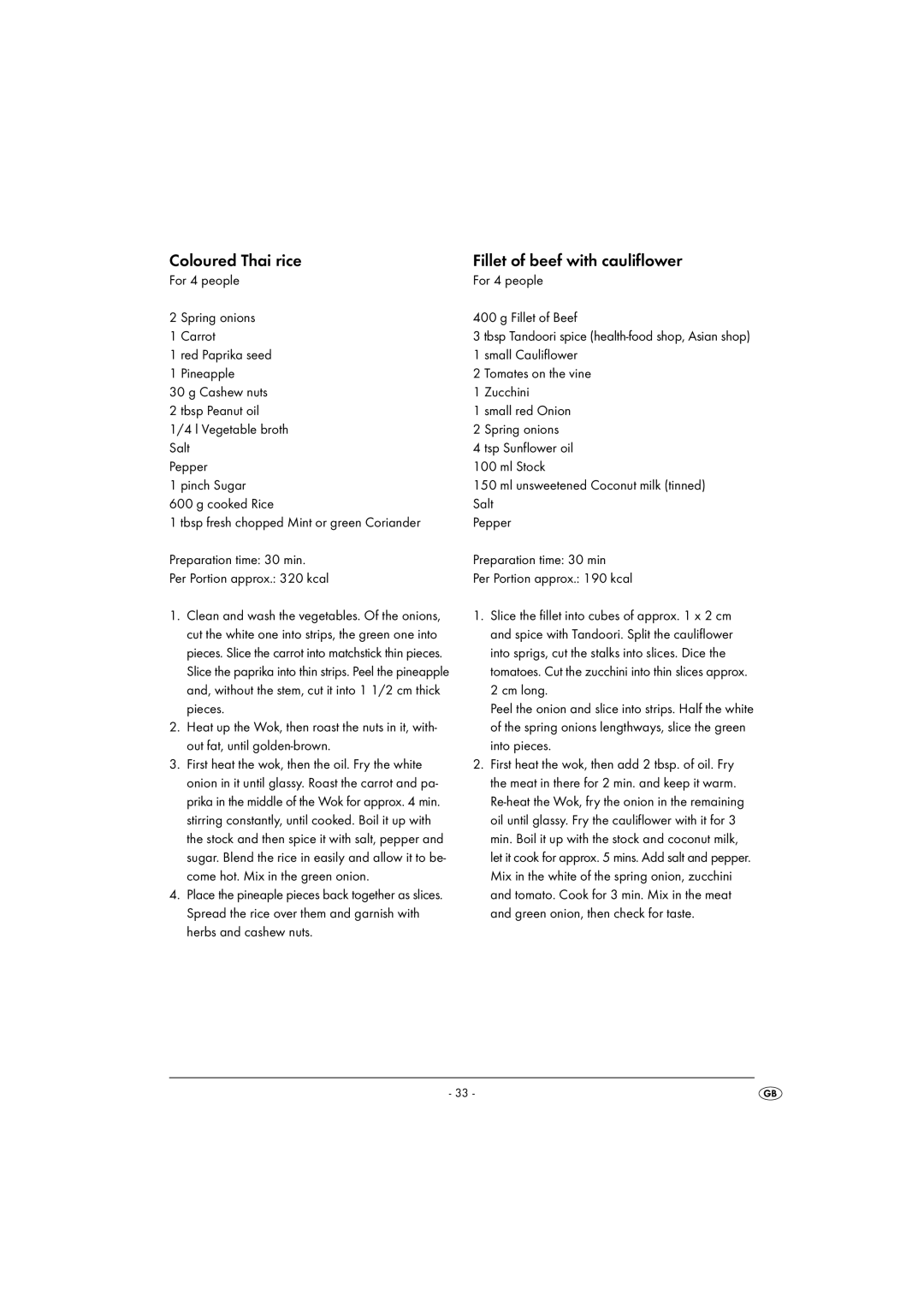 Kompernass KH1099-04/08-V2 operating instructions Coloured Thai rice, Fillet of beef with cauliflower 