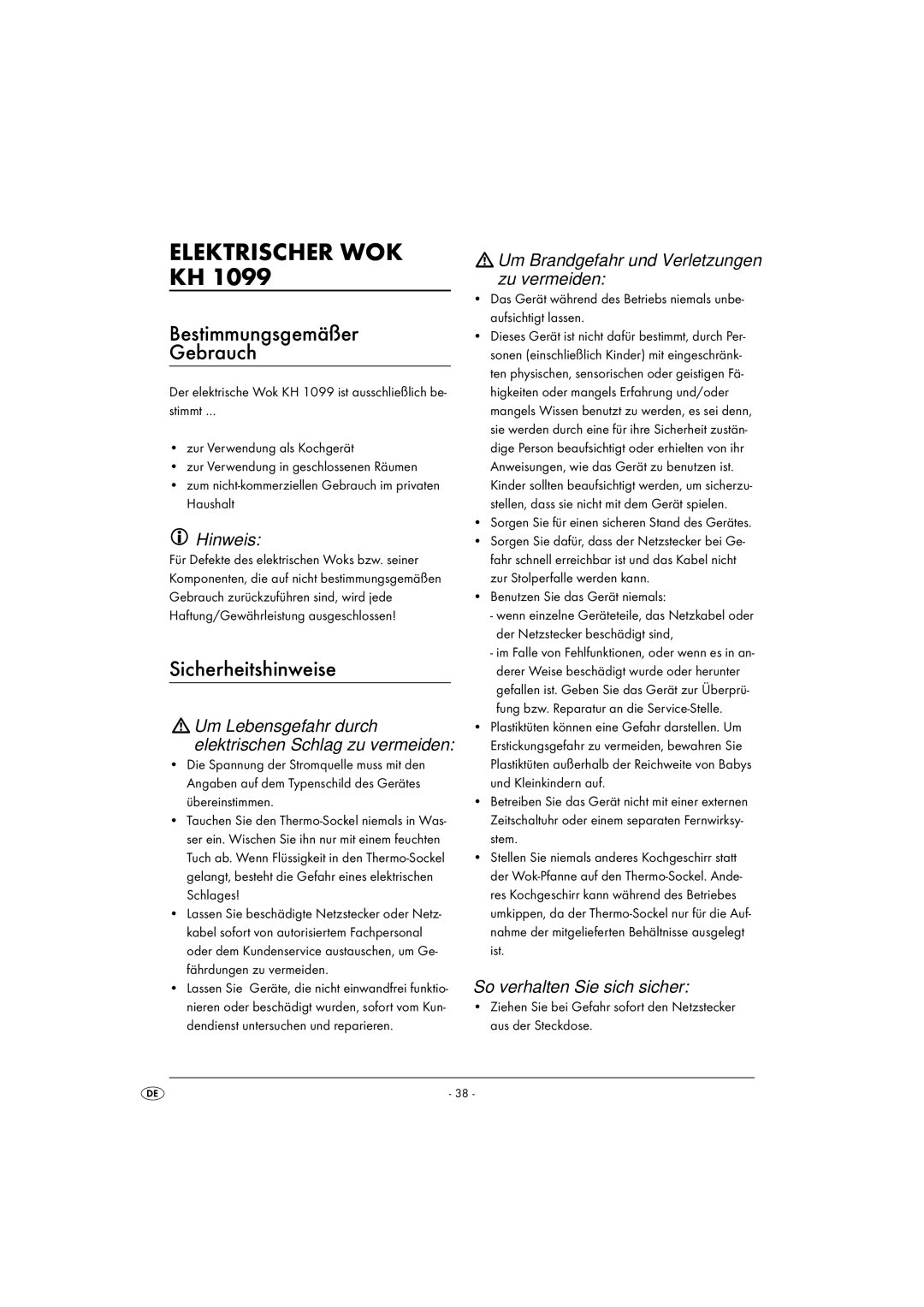 Kompernass KH1099-04/08-V2 operating instructions Elektrischer WOK KH, Bestimmungsgemäßer Gebrauch, Sicherheitshinweise 