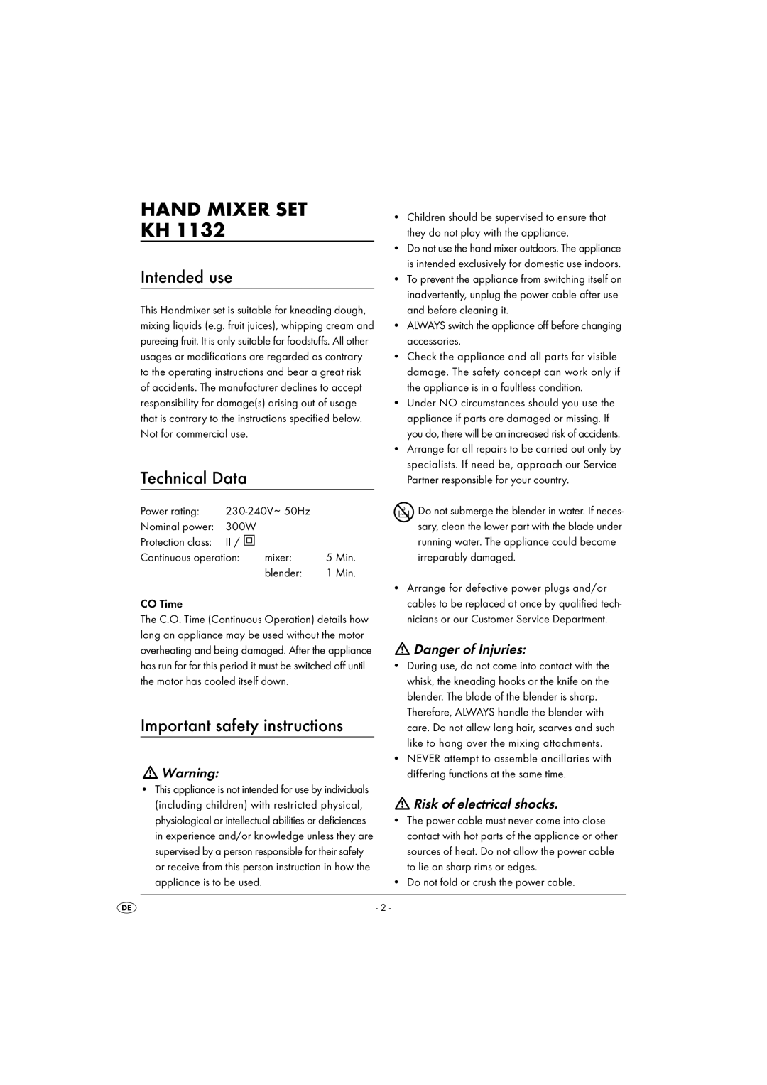 Kompernass KH1132 manual Intended use, Technical Data, Important safety instructions 